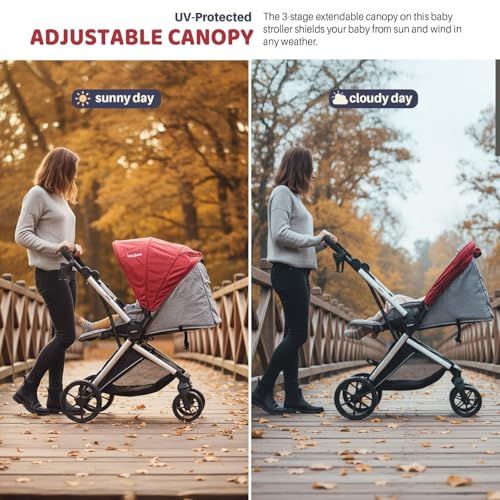 Image of Baybee Baby Stroller Pram for 0-3 Years | Reversible Seat, Canopy, 3-Position Recline, Large Wheels, Lightweight Aluminium Frame | Strollers for Boys & Girls (Red)