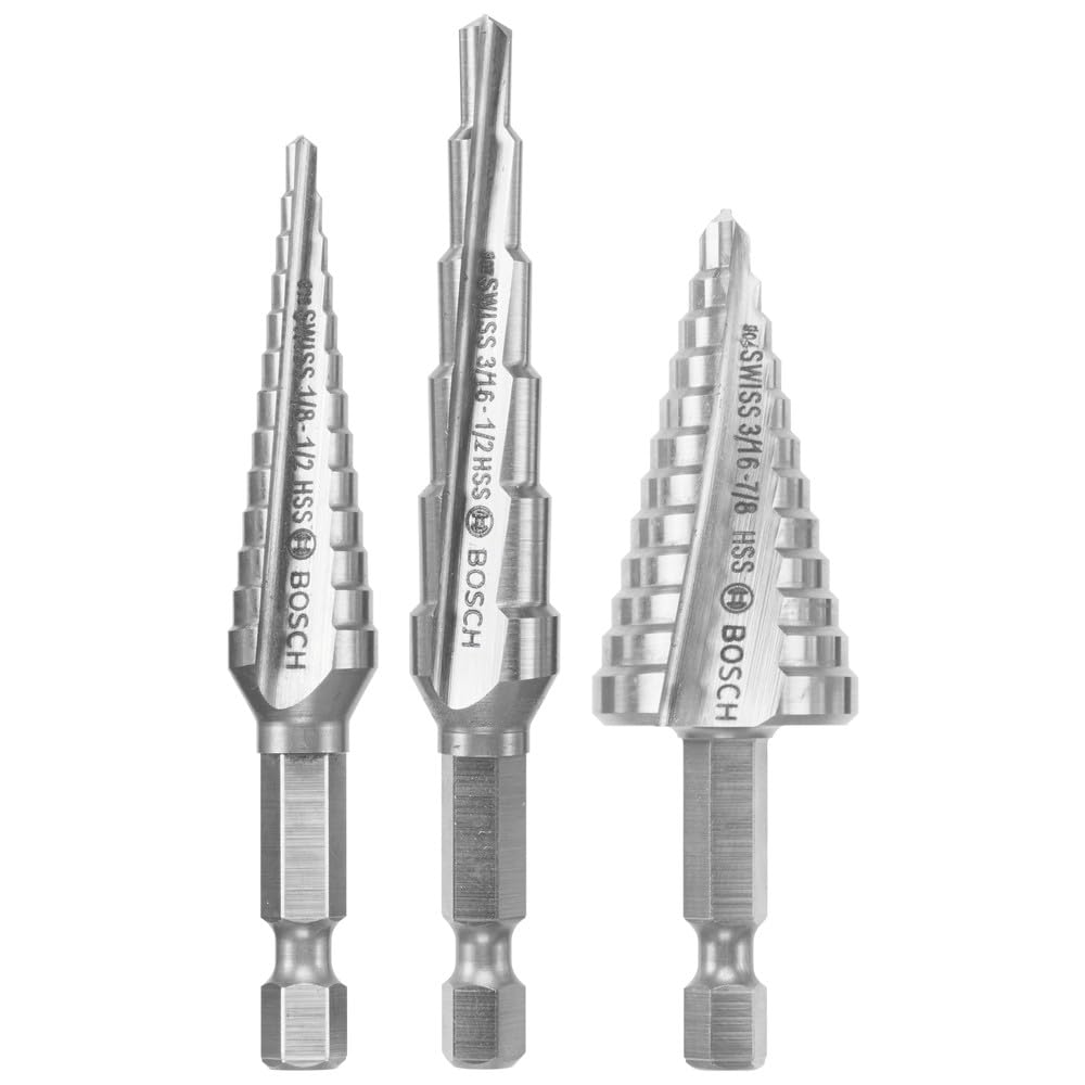 BOSCH IMSDC003 - Set di 3 punte per trapano a gradino in acciaio ad alta velocità, ideali per applicazioni di foratura senza fili in metallo, legno, plastica, PVC