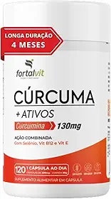 Cúrcuma +Ativos Longa Duração: 4 Meses de Uso, Curcumina, Vitamina E, Selênio e B12, 120 Cápsulas, Fortalvit