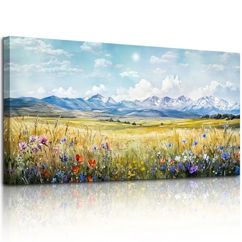 SERIMINO Nature Landscape Large Wall Art Prints, Meadow Wildflowers Rustic Home Decor, Mountain Wilderness Scenic Canvas Painting, Outdoor Pictures Wall Decor Living Room Bedroom Bathroom 24"X48"