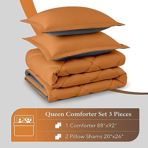 Image of downluxe Queen Comforter Set - Burnt Orange and Grey Queen Comforter, Soft Bedding Sets for All Seasons -3 Pieces - 1 Comforter (88 inchx92 inch) and 2 Pillow Shams(20 inchx26 inch)