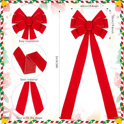 Norme 1 Pcs Red Extra Large Christmas Tree Decorations Bow Tree Topper with LED Light Christmas Velvet Polyester Bows with Long Streamers for Front Door Decor, 23.62 x 78.4 Inches by Norme - Image 2
