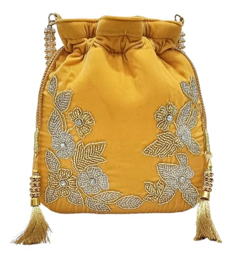 Image of Velvet Potli Bag with Golden & Silver Beaded Flower Embroidery - Handcrafted Ethnic Drawstring Bag for Weddings, Parties & Festive Gifts - Beaded Handle & Tassels for Women