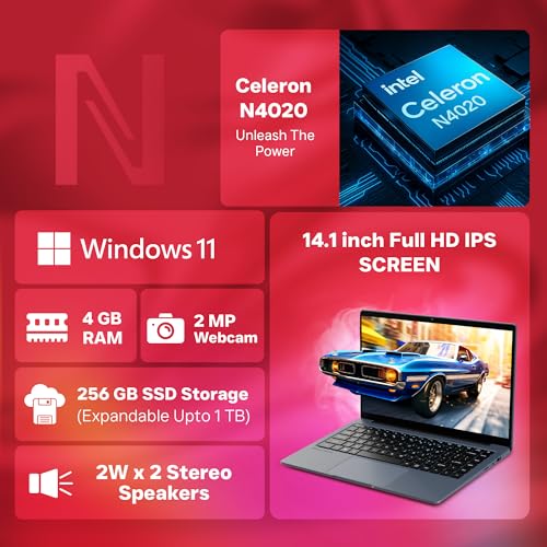 Image of BrowseBook 14.1 inch FHD IPS Laptop | Best Student & Office Work Laptop | Celeron N4020 | 4GB RAM | 256GB SSD | Windows 11 | 38Wh | 1.3kg | Grey