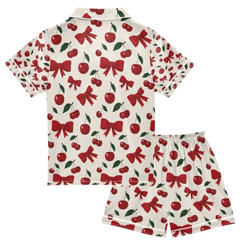 senya Cherry Bow Red Satin Summer Pajama Sets Silk Short Sleeve Button Down Sleepwear2
