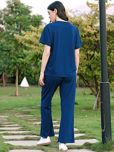 Image of ZEYO Night Suit for Women's Typography Printed Cotton Night Dress of Top and Wide Bottom Pyjama