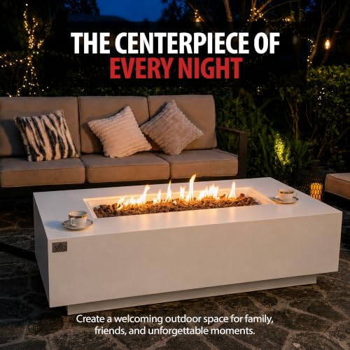 Image of AMS Creations | Madison 60 inch Bundle Rectangular Propane Gas Outdoor Fire Pit Table | Cream White Concrete GFRC | Smooth Texture or Surface | Electronic Ignition | Outside Backyard Fireplace