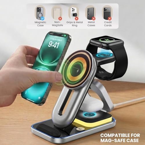 Image of Virtutron 3-in-1 Magnetic Wireless Charger Qi2 | 23W MagSafe Charging Stand | Compatible for iPhone 17 /16 /15 /14 /13 /12 Series, Apple Watch Ultra /SE /10 /9 /8 & AirPods 4 /3 /2 Gen & Pro
