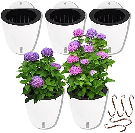 Flowden Self Watering Hanging Planters, 5 Pack Visible Water Level Indoor Outdoor Plants Flowers Pots - Wall Mounted Plants Holder White Plastic 5.5 Inch with Hooks