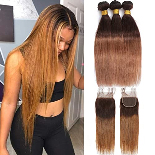 Ombre Straight Hair Bundles With Closure 10A Brazilian Virgin Remy Human Hair 2 Tone T4/30 Ombre Straight Human Hair Bundles with 4x4 Lace Closure Free Part (14 16 18 +12)