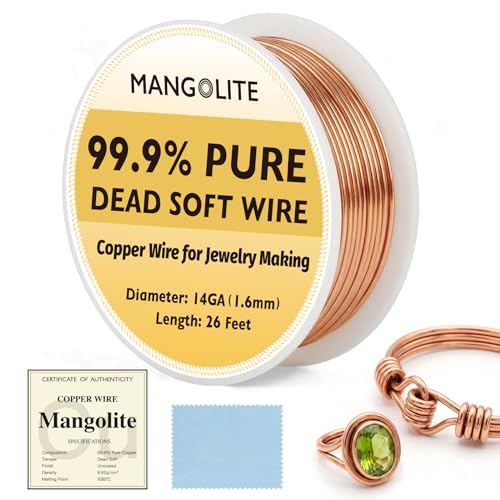 Mangolite 14 Gauge/1.6mm Copper Wire for Jewelry Making 26 Feet Single Spool with Polishing Cloth & COA 99.9% Pure Dead Soft Bare & Skin Safe Uncoated Craft Wire for Garden Supports & DIY