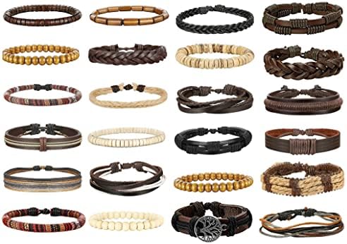 YADOCA 25Pcs Braided Leather Bracelet for Men Women Wooden Beaded Woven Bracelet Vintage Bracelet Adjustable Leather Wrist Cuff Bracelets