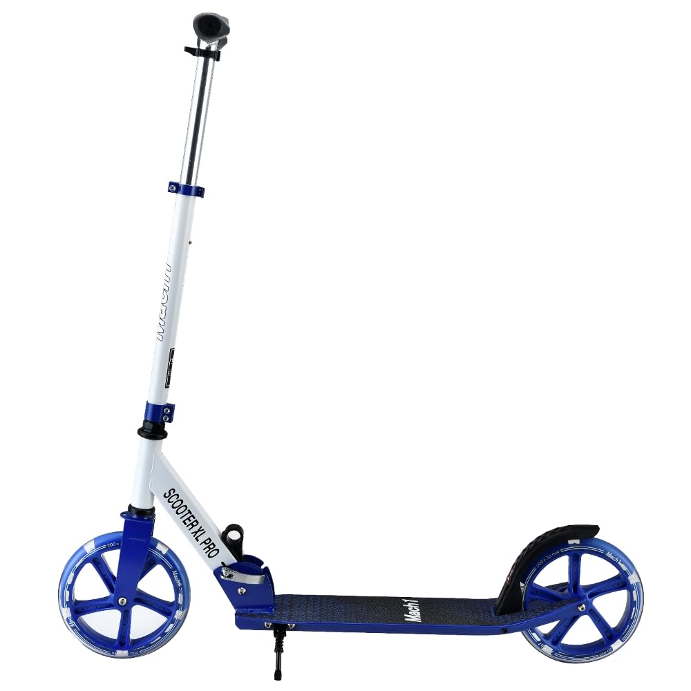 Mach1 Kick - Patinete de aluminio para ciudad, 200 mm, XXL, LED, ruedas para adultos y niños, plegable, XL, blanco y azul