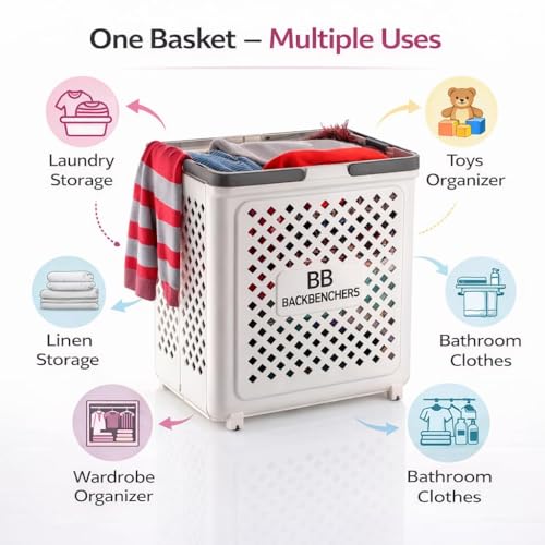 Image of Laundry Bag, Large Laundry Basket, Durable Plastic Storage Basket with Ventilated Diamond Design With Wheel At Bottom, Grey Rim Bathroom & Bedroom Organizer, 45L (PACK OF 1)