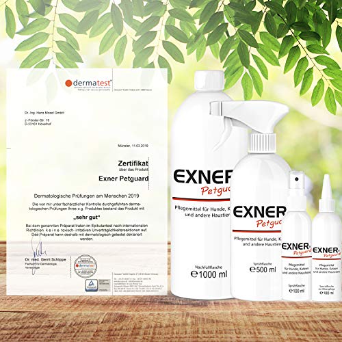 Exner Petguard Fellpflege für Hunde, Katzen & andere Haustiere - Mittel bei Juckreiz, Haarausfall, Entzündung, Parasiten, Räude, Milben & Pilzbefall - biologisch & natürlich - 100 ml Sprühflasche