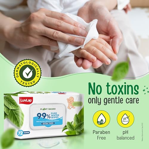 Image of LuvLap Plant Based 99% Pure Water Baby Wipes, 72 Count (Pack of 3), Extra Thick Unscented with Aloe Vera & Vitamin E, pH Balanced, Paraben Free, Ideal for Delicate Skin, Dermatologically Tested