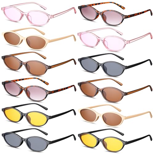 Ecally 12 Pairs Retro Oval Cat Eye Sunglasses for Women Y2k Designer Trendy 90s Vintage Narrow Shades Sunglasses Pack for Men