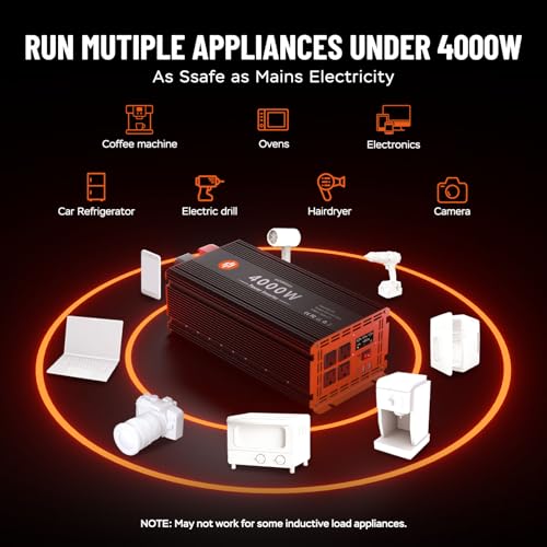 4000 Watt Power Inverter 12V DC to 110V/120V AC Converter Peak Power 8000W Car Inverter with LCD Display 4 AC Outlets, 2 USB & Type-C Port for RV,Truck,Off-Grid Solar System with Remote Controller by Homkeep - Used condition - Image 7