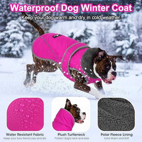Image of Dogcheer Dog Coat, Waterproof Dog Jacket Reflective Pet Winter Coat with Adjustable Hook & Loop, Christmas Puppy Fleece Jacket Warm Turtleneck Snowsuit for Small Medium Large Dogs - Pink, S