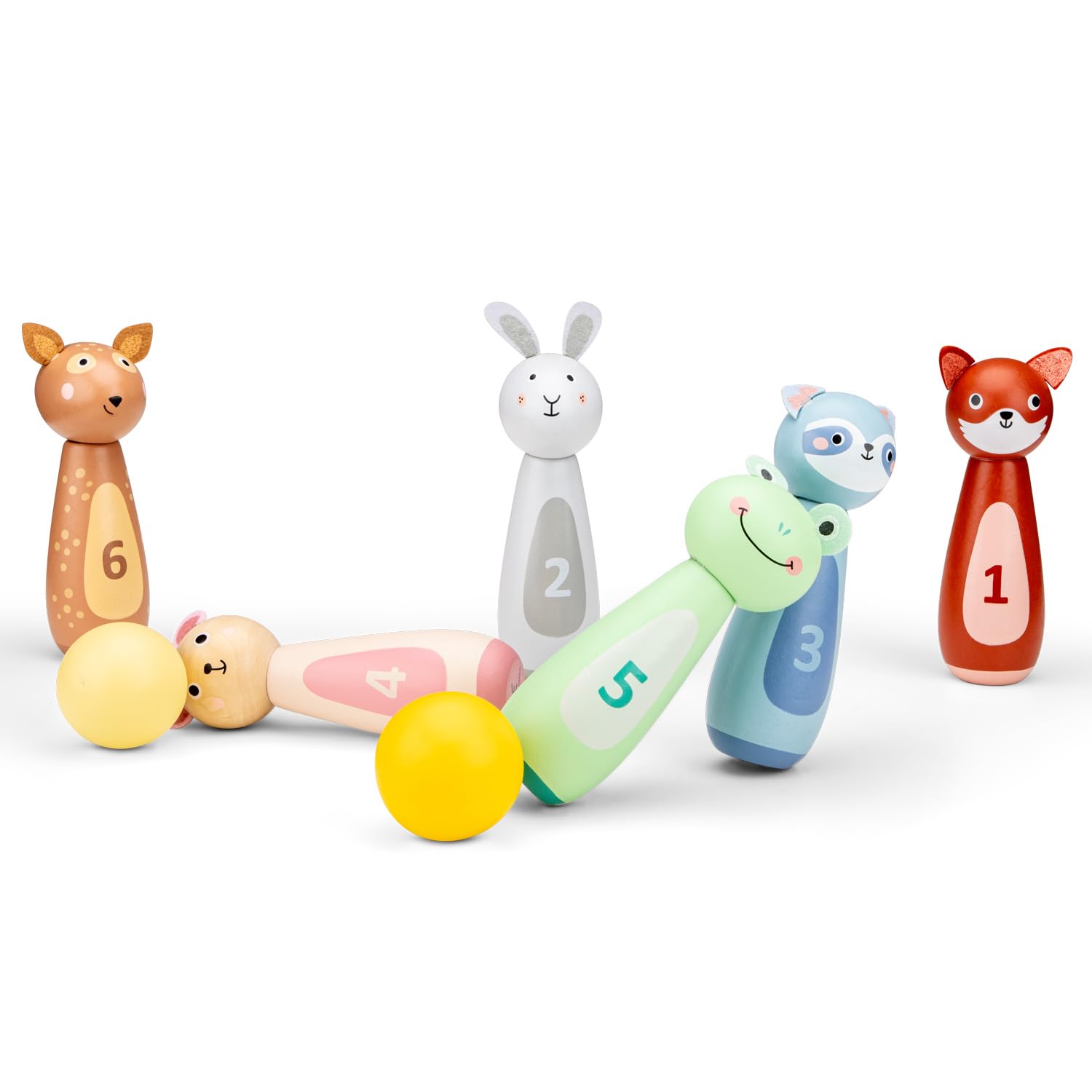 Woet Wooden Bowling Set for Kids Age 3+, 6 Animal Pins & 2 Balls, Educational Indoor Game, Colorful Numbered Animal Skittles - Image 4