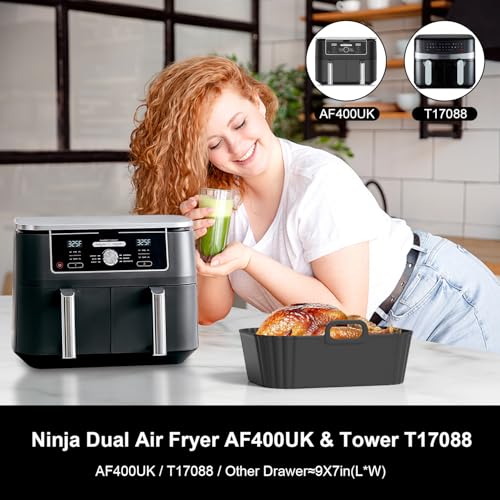 Image of Silicone Air Fryer Liners 2 Pack, Reusable Compatible for Ninja Foodi DZ201, DZ401, DZ550, DZ302, COSORI 9QT, Chefman, Instant, and 6-in-1 8-10QT Dual Baskets