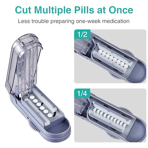 Image of Fullicon Pill Cutter, Cuts Multiple Pills with Accurate Alignment, Grey | Brush & Pill Box Included, Adjusts for Pills Up to 0.6 Inches Wide, Covered Stainless Steel Blade for Safety
