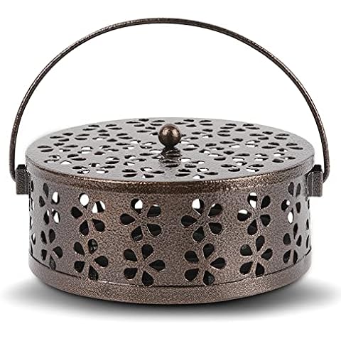 Retyion Retro Portable Iron Mosquito Coil Holder with Handle Round Fireproof Incense Holder for Home Office Camping (S-Bronze, 1Pack) Cover