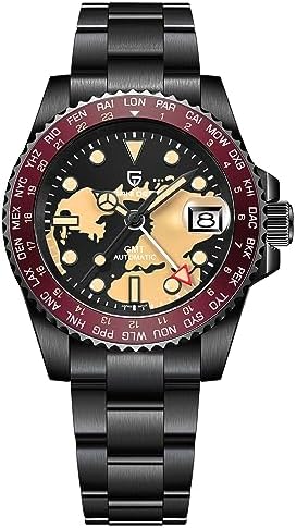 PAGRNE DESIGN Pagani Men's Watch Automatic GMT TMI NH34 PD1758 Japan Movement Sapphire Glass AR+AF Waterproof Watch, Black Shell Red Map, Minimalist