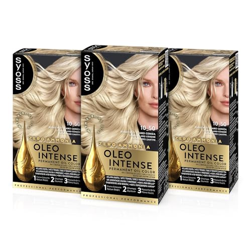 Syoss Oleo Intense - Tinte 10-50 Rubio Claro Ceniza – Coloración permanente Sin Amoníaco – Cobertura profesional de canas – Resultados de peluquería (Pack De 3)