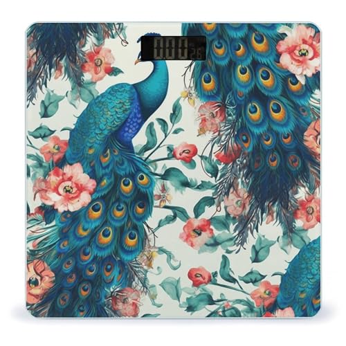 Báscula digital con diseño flores pavo real y vidrio templado miniatura 1