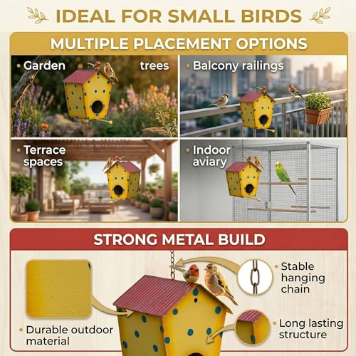 Image of Kraftskala Metal Bird House Nest for Outdoor Garden Hanging Decor | Weather Resistant Bird Nest Box with Hook Chain for Sparrow Budgies Finches Love Birds | Home Balcony Showpiece