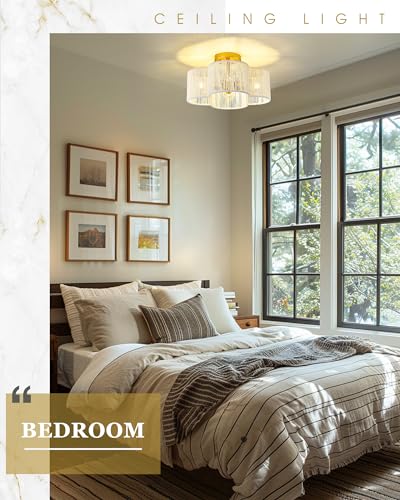 Image of Rattan Light Fixtures Ceiling Mount, 4-Light 14 inch Boho Semi Flush Mount Ceiling Light with White Hand-Woven Shade in Quatrefoil Shape for Kitchen Nursery Bedroom, Gold, AD-22007-4SF-RA-WH