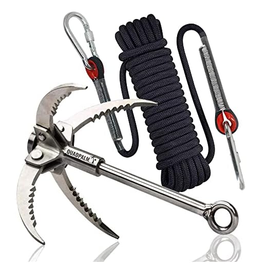 QUADPALM Grappling Hook with 10m Rope – Multifunctional Grapple Hook - 2 Locking carabiners - 4 Stainless Steel Folding Claws - Heavy Duty - Outdoor Camping Hiking Climbing Equipment (Black Rope)