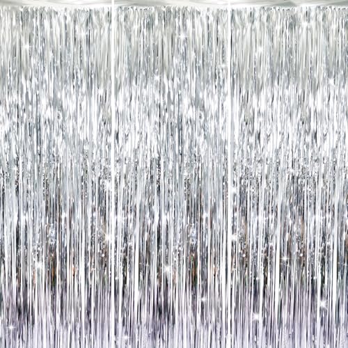 Image of GOER 3.2 ft x 9.8 ft Metallic Tinsel Foil Fringe Curtains for Party Photo Backdrop Wedding Decor (Silver,3 pcs)