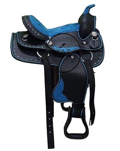 Y&Z Enterprises Youth Child Synthetic Western Horse Saddle Barrel Racing Tack + Headstall & Breast Collar (12” Inch Seat, Turquoise)