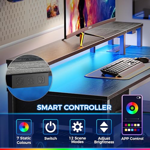 Image of SUPERJARE 53 inch Reversible L Shaped Desk with LED Lights & Power Outlets, Computer Desk with Shelves & Monitor Stand, Gaming Desk with Drawer, Home Office Desk Corner Desk, Grey