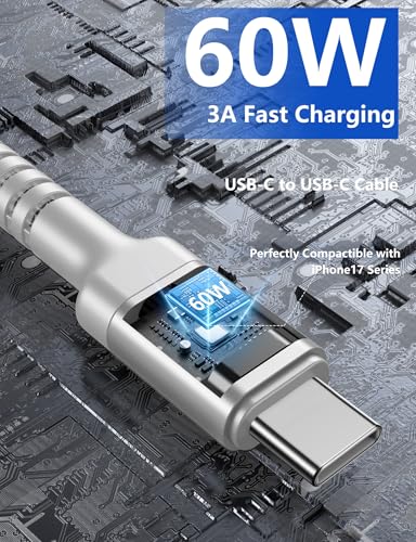 Image of USB C to USB C Cable 10FT, 2Pack USB C Charger Cable, Long Type C Fast Charging Cable Nylon Braided USBC Charger Cord Compatible with iPhone 17 /16 /15 /Plus /Pro Max /Samsung Galaxy S23 and More-Silver