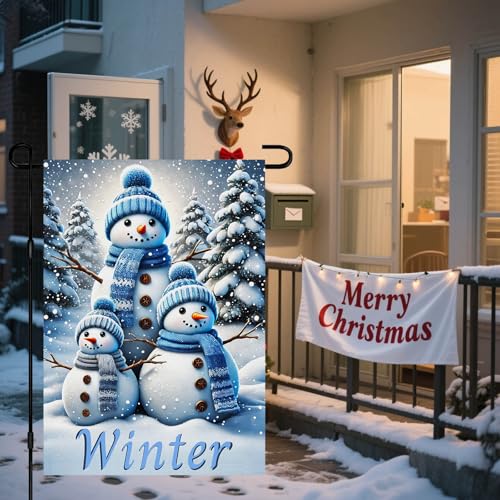 Image of BlissYard Garden Flag Snowman Family Forest Winter 12x18 Inch Polyester