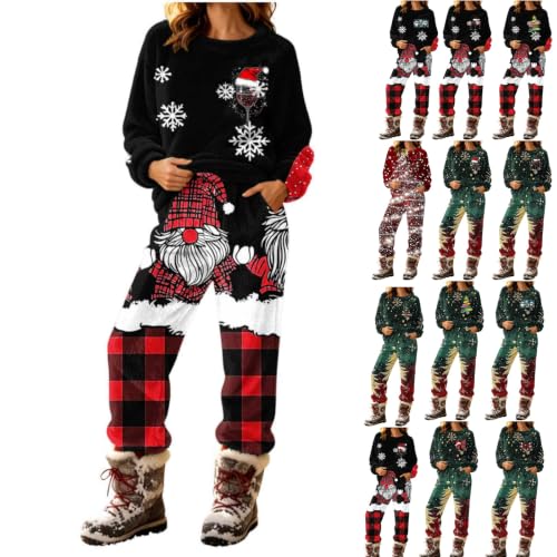 YNCSZEC Womens Christmas Pajama Sets Flannel Long Sleeve Crewneck Printed Lounge Set Warm Fleece 2 Piece Sleepwear Black christmas clothes women M - image 1