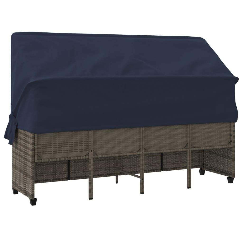 Sonnenliege mit Dach und Kissen Grau Poly Rattan, relaxliege wetterfest gepolstert, verstellbar für Garten Balkon Terrasse Pool, ergonomisch mit armlehne und UV Schutz