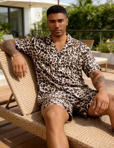 Image of SWOMOG Men Silk Pajama Set Short Sleeve Satin PJs Sets 2 Piece Button Down Sleepwear Soft Summer Loungewear with Pockets