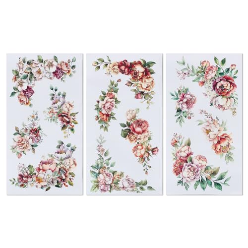 OLYCRAFT Juego de 3 calcomanías de transferencia de flores de esquina para muebles y manualidades 15x30cm Rosas Peonías Pegatinas de Transferencia Decorativas Calcomanías Florales de Transferencia