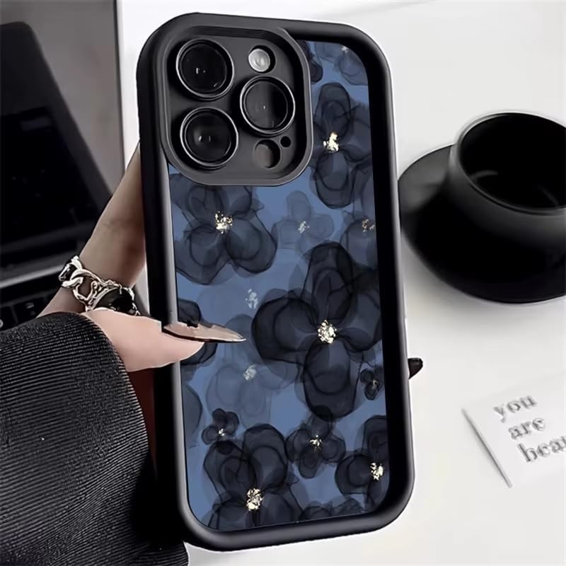 Image of COVERLY Floral Sparkling Back Case Cover for iPhone 16 Pro Max | Hot 3D Flower Black Cute Design | Lens Protection | Soft TPU Silicone Aesthetic Print Cover for Girls & Women (Black, Shockproof)