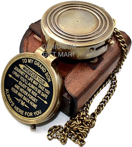 Brújula de bolsillo de latón grabada para nieto – Mensaje "Siempre aquí para ti" con estuche de cuero, regalo inspirador para graduación, Navidad o ocasiones especiales de abuelo miniatura 2