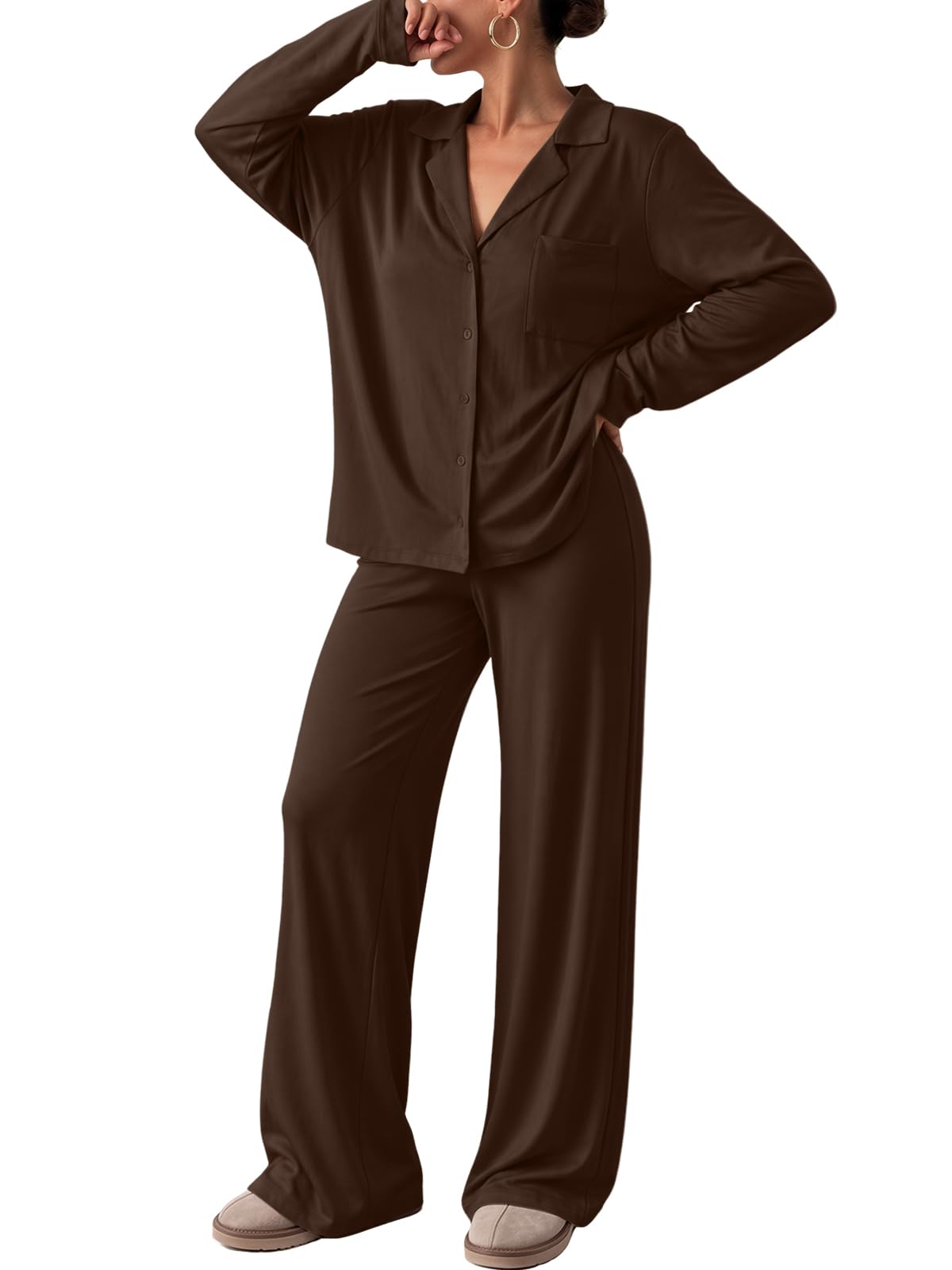 Trendy Queen Women Pajamas Set Sleepwear Fall 2 Piece Soft Lounge Pjs | Button Down Pajamas,Long Sleeve Top and Wide Leg Pants,Soft Loungewear,Button Up,Fall Fashion Clothes 2026