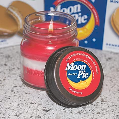 Candle Cottage MP105 8 oz Mason Square Jar Strawberry MoonPie Highly-Scented Soy Candle, Made in USA, Long Burning Hours, Lead-Free Wick Cover