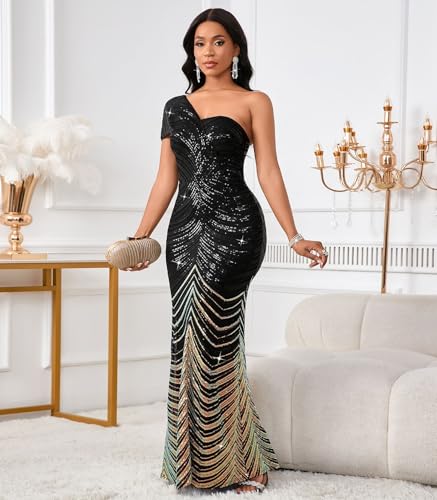 Image of Cololura Women Sequin One Shoulder Mermaid Formal Maxi Dress Evening Gown