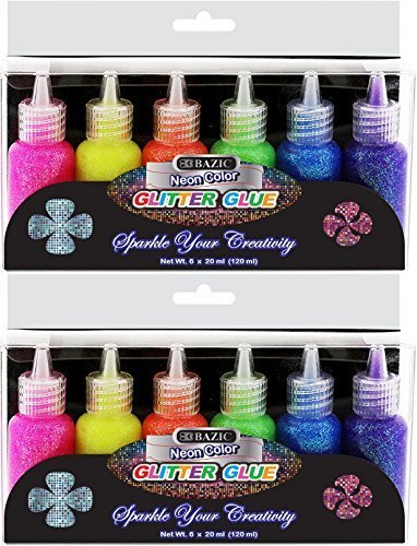2 Pk, Bazic 20 Ml Neon Color Glitter Glue, 6 Per Pack (Total of 12) Pink, Green, Blue, Yellow, Purple, and Orange