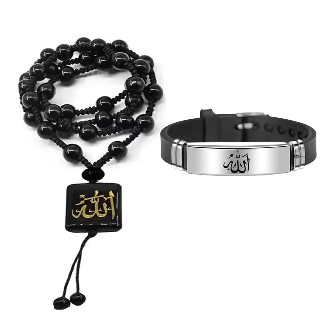 Arabic Allah Prayer Pendant Combo With Muslim Masjit BlackSilver Silicon Bracelet ForFor men And Boys (Pack of 2)