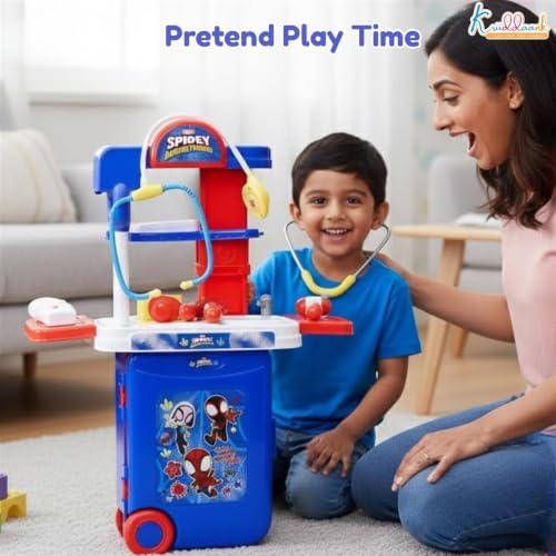 Image of Spiderman Theme Doctor Set for Kids - 9 Pcs Medical Equipment Trolley with Lights, Spidey-Inspired Role Play Toy, Heroic Doctor Kit for Boys & Girls 3+ Years, Portable Educational Playset